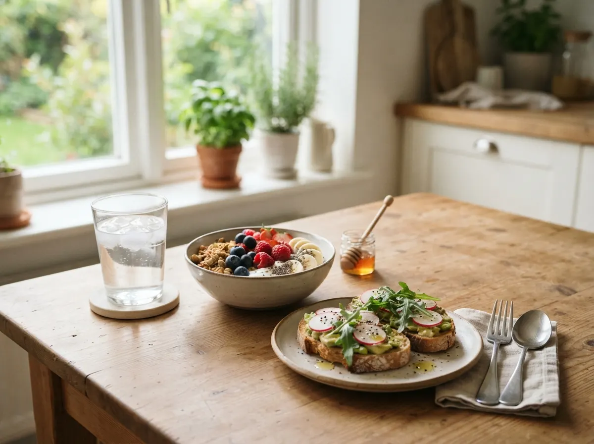 Morning routine with water glass and healthy breakfast